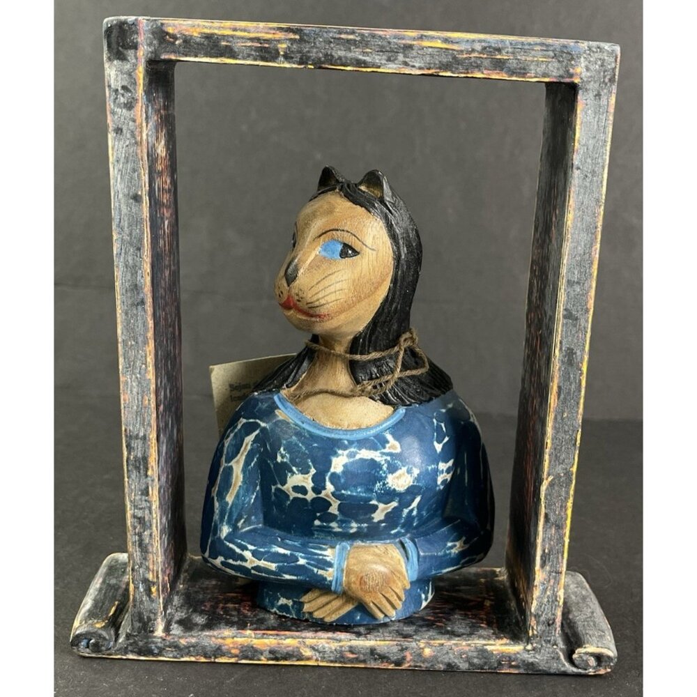 Cat Face Woman Torso Carved Wood Anthropomorphic Folk Art Figurine Mona Lisa Cat